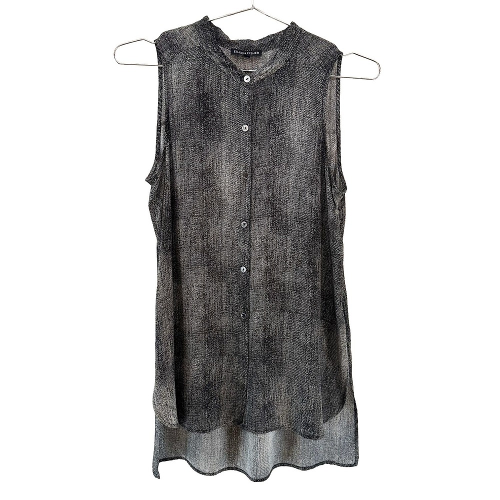 EILEEN FISHER 100% Silk Textured Print Button Up Blouse Tank • XS • gray